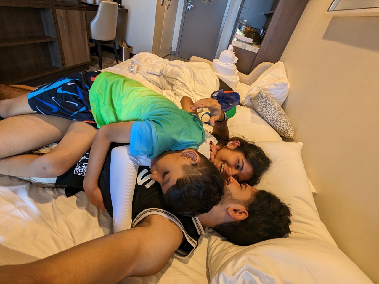 Champ, me, and my husband cuddling on the couch